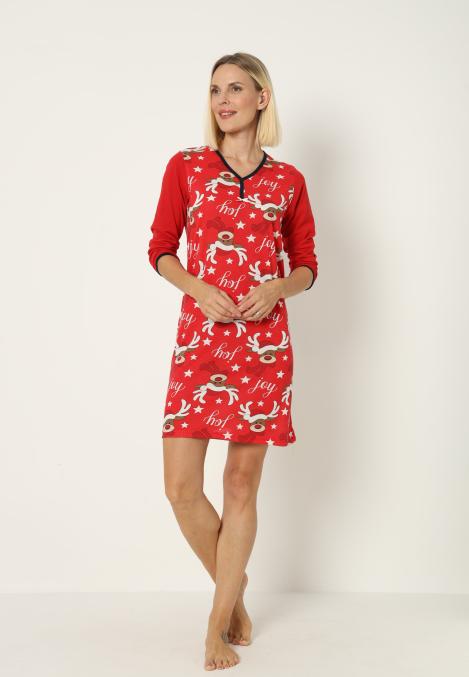 Camasa de noapte Craciun,imprimeu reni,culoare rosu ,En-gros